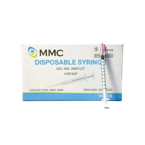 MMC – Disposable Syringe 1ml, 26G x 1/2”, 3 parts, Luer Slip – GENC-1023